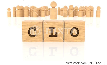 Job title CLO branded on a wooden block and a wooden figure (3D rendering) 99512239
