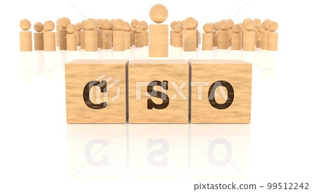 Job title CSO branded on a wooden block and a wooden figure (3D rendering) 99512242