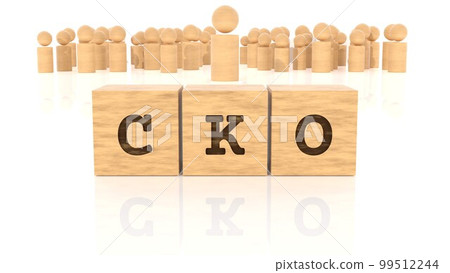 Job title CKO branded on a wooden block and a wooden figure (3D rendering) 99512244