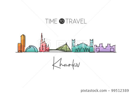 Single continuous line drawing Kharkiv city skyline, Ukraine. Famous city scraper landscape postcard. World travel destination concept. Editable stroke modern one line draw design vector illustration Single continuous line drawing Kharkiv city skyline, Ukraine. Famous city scraper landscape postcard. World travel destination concept. Editable stroke modern one line draw design vector illustration 99512389