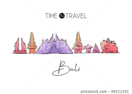 Single continuous line drawing of Bali city skyline, Indonesia. Famous city scraper landscape wall decor home art poster print. World travel concept. Modern one line draw design vector illustration 99512391