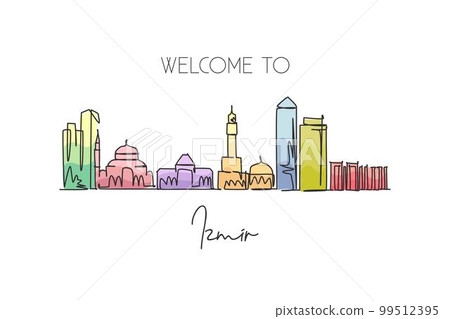 One single line drawing Izmir city skyline, Turkey. World historical town landscape home decor wall poster print. Best place holiday destination. Trendy continuous line draw design vector illustration One single line drawing Izmir city skyline, Turkey. World historical town landscape home decor wall poster print. Best place holiday destination. Trendy continuous line draw design vector illustration 99512395
