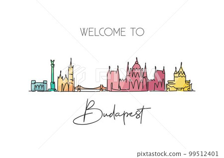 One continuous line drawing of Budapest city skyline, Hungary. Beautiful landmark postcard. World landscape tourism travel vacation. Editable stylish stroke single line draw design vector illustration One continuous line drawing of Budapest city skyline, Hungary. Beautiful landmark postcard. World landscape tourism travel vacation. Editable stylish stroke single line draw design vector illustration 99512401