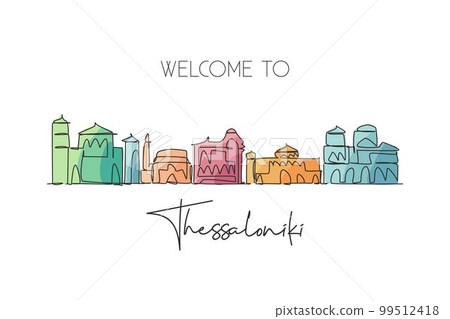 Single continuous line drawing Thessaloniki skyline, Greece. Famous city scraper landscape. World travel destination postcard concept. Editable stroke modern one line draw design vector illustration Single continuous line drawing Thessaloniki skyline, Greece. Famous city scraper landscape. World travel destination postcard concept. Editable stroke modern one line draw design vector illustration 99512418
