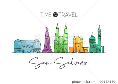Single continuous line drawing San Salvador skyline, El Salvador. Famous city landscape. World travel destination concept home decor wall poster print. Modern one line draw design vector illustration Single continuous line drawing San Salvador skyline, El Salvador. Famous city landscape. World travel destination concept home decor wall poster print. Modern one line draw design vector illustration 99512419