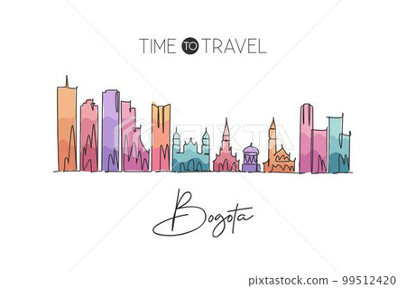 Single continuous line drawing Bogota city skyline, Colombia. Famous city scraper landscape postcard. World travel destination concept. Editable stroke modern one line draw design vector illustration Single continuous line drawing Bogota city skyline, Colombia. Famous city scraper landscape postcard. World travel destination concept. Editable stroke modern one line draw design vector illustration 99512420