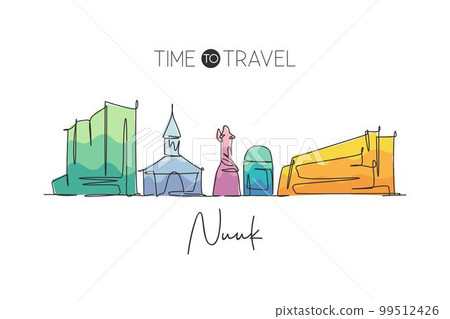 One single line drawing of Nuuk city skyline, Greenland. World town landscape home wall decor poster print art. Best place holiday destination. Trendy continuous line draw design vector illustration One single line drawing of Nuuk city skyline, Greenland. World town landscape home wall decor poster print art. Best place holiday destination. Trendy continuous line draw design vector illustration 99512426