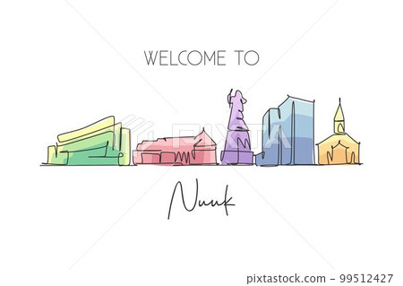 Single continuous line drawing Nuuk city skyline, Greenland. Famous city scraper landscape postcard. World travel destination concept. Editable stroke modern one line draw design vector illustration Single continuous line drawing Nuuk city skyline, Greenland. Famous city scraper landscape postcard. World travel destination concept. Editable stroke modern one line draw design vector illustration 99512427