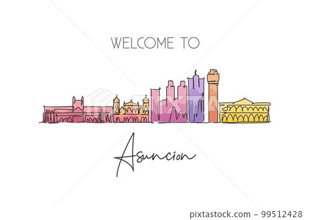 Single continuous line drawing of Asuncion city skyline, Paraguay. Famous city scraper and landscape. World travel destination concept. Editable stroke modern one line draw design vector illustration Single continuous line drawing of Asuncion city skyline, Paraguay. Famous city scraper and landscape. World travel destination concept. Editable stroke modern one line draw design vector illustration 99512428