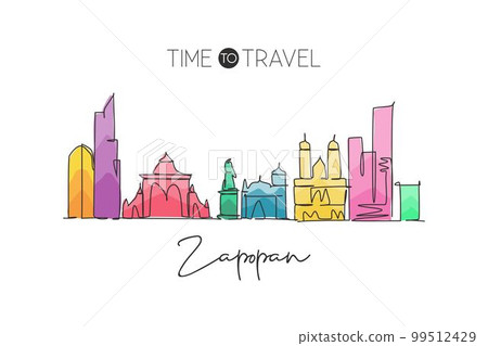 One single line drawing Zapopan city skyline Mexico. World historical town landscape. Best place holiday destination home decor poster print art. Trendy continuous line draw design vector illustration One single line drawing Zapopan city skyline Mexico. World historical town landscape. Best place holiday destination home decor poster print art. Trendy continuous line draw design vector illustration 99512429