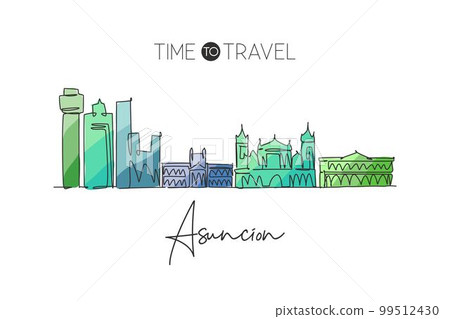 One continuous line drawing of Asuncion city skyline, Paraguay. Beautiful landmark. World landscape tourism and travel vacation. Editable stylish stroke single line draw design art vector illustration One continuous line drawing of Asuncion city skyline, Paraguay. Beautiful landmark. World landscape tourism and travel vacation. Editable stylish stroke single line draw design art vector illustration 99512430