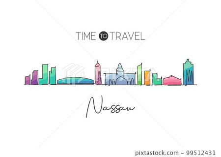 Single continuous line drawing Nassau skyline Bahamas. Famous city scraper landscape. World travel destination wall home decor poster print art concept. Modern one line draw design vector illustration Single continuous line drawing Nassau skyline Bahamas. Famous city scraper landscape. World travel destination wall home decor poster print art concept. Modern one line draw design vector illustration 99512431