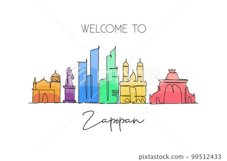 One continuous line drawing Zapopan city skyline Mexico. Beautiful landmark postcard print. World landscape tourism travel vacation. Editable stylish stroke single line draw design vector illustration One continuous line drawing Zapopan city skyline Mexico. Beautiful landmark postcard print. World landscape tourism travel vacation. Editable stylish stroke single line draw design vector illustration 99512433