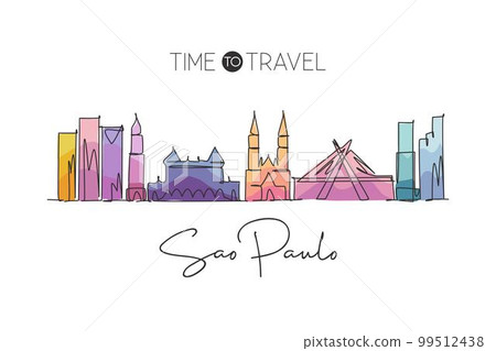 Single continuous line drawing Sao Paulo city skyline, Brazil. Famous city scraper landscape. World travel destination postcard concept. Editable stroke modern one line draw design vector illustration Single continuous line drawing Sao Paulo city skyline, Brazil. Famous city scraper landscape. World travel destination postcard concept. Editable stroke modern one line draw design vector illustration 99512438
