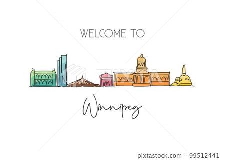 One single line drawing Winnipeg city skyline, Canada. World historical town landscape. Best place holiday destination postcard. Editable stroke trendy continuous line draw design vector illustration 99512441