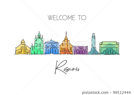 One single line drawing Rosario city skyline, Argentina. World historical town landscape. Best holiday destination wall decor poster print art. Trendy continuous line draw design vector illustration 99512444