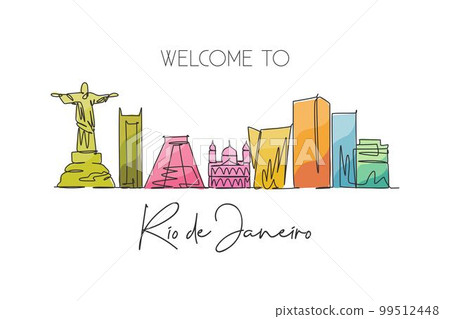 Single continuous line drawing of Rio de Janeiro city skyline, Brazil. Famous city scraper and landscape. World travel postcard concept. Editable stroke modern one line draw design vector illustration 99512448