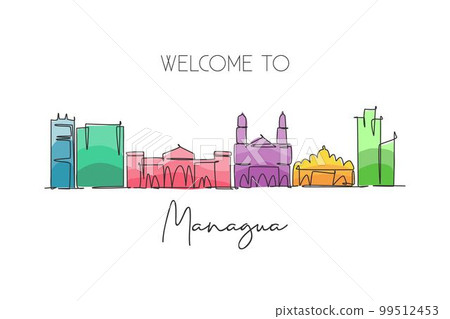 Single continuous line drawing of Managua skyline, Nicaragua. Famous city scraper landscape. World travel destination postcard concept. Editable stroke modern one line draw design vector illustration 99512453