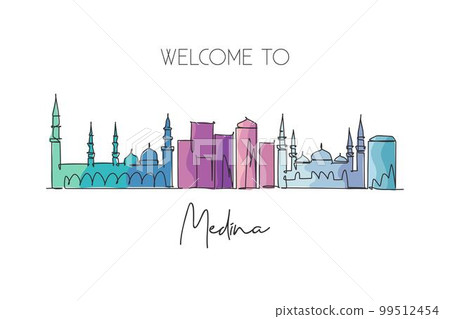 One single line drawing of Medina city skyline, Saudi Arabia. World historical town landscape. Best place holiday destination. Editable stroke trendy continuous line draw design vector illustration One single line drawing of Medina city skyline, Saudi Arabia. World historical town landscape. Best place holiday destination. Editable stroke trendy continuous line draw design vector illustration 99512454