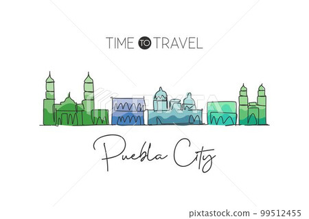 Single continuous line drawing of Puebla skyline, Mexico. Famous city scraper landscape. World travel destination home wall decor poster print concept. Modern one line draw design vector illustration Single continuous line drawing of Puebla skyline, Mexico. Famous city scraper landscape. World travel destination home wall decor poster print concept. Modern one line draw design vector illustration 99512455