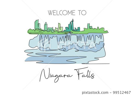 One continuous line drawing Niagara Falls skyline, Canada. Beautiful nature landmark postcard art. World landscape tourism travel vacation. Editable stroke single line draw design vector illustration 99512467