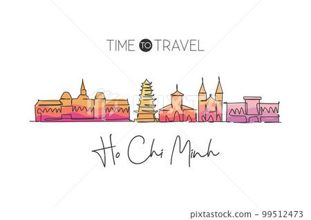 One single line drawing Ho Chi Minh city skyline, Vietnam. World town landscape home decor wall art poster print. Best place holiday destination. Trendy continuous line draw design vector illustration One single line drawing Ho Chi Minh city skyline, Vietnam. World town landscape home decor wall art poster print. Best place holiday destination. Trendy continuous line draw design vector illustration 99512473