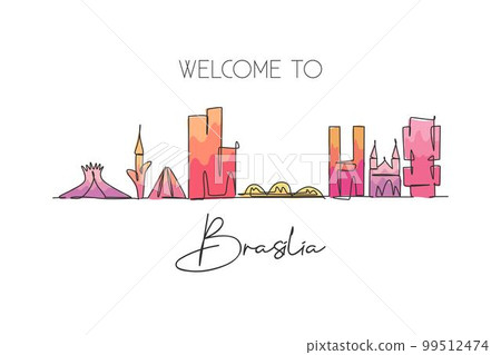 One continuous line drawing of Brasilia city skyline, Brazil. Beautiful landmark. World landscape tourism travel vacation postcard. Editable stylish stroke single line draw design vector illustration One continuous line drawing of Brasilia city skyline, Brazil. Beautiful landmark. World landscape tourism travel vacation postcard. Editable stylish stroke single line draw design vector illustration 99512474