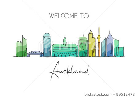 Single continuous line drawing Auckland skyline, New Zealand. Famous city scraper landscape postcard. World travel destination concept. Editable stroke modern one line draw design vector illustration 99512478