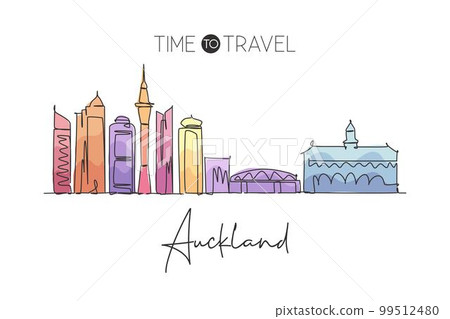 One single line drawing of Auckland city skyline, New Zealand. World historical town landscape. Best place holiday destination home decor poster. Trendy continuous line draw design vector illustration 99512480