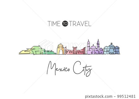 One single line drawing of Mexico city skyline, Mexico. World historical town landscape. Best place holiday destination home decor poster print. Trendy continuous line draw design vector illustration One single line drawing of Mexico city skyline, Mexico. World historical town landscape. Best place holiday destination home decor poster print. Trendy continuous line draw design vector illustration 99512481