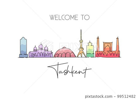 One continuous line drawing Tashkent city skyline, Uzbekistan. Beautiful landmark wall decor poster print. World landscape tourism travel vacation. Stylish single line draw design vector illustration 99512482