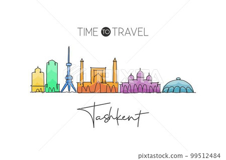 One single line drawing of Tashkent city skyline, Uzbekistan. World historical town landscape. Best holiday destination postcard. Editable stroke trendy continuous line draw design vector illustration One single line drawing of Tashkent city skyline, Uzbekistan. World historical town landscape. Best holiday destination postcard. Editable stroke trendy continuous line draw design vector illustration 99512484