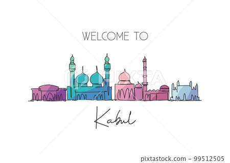 Single continuous line drawing of Kabul city skyline, Afghanistan. Famous city scraper landscape home decor wall art poster print. World travel concept. Modern one line draw design vector illustration 99512505