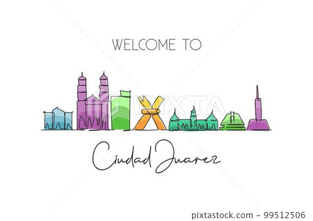 Single continuous line drawing of Ciudad Juarez skyline, . Famous city scraper landscape. World travel destination postcard concept. Editable stroke modern one line draw design art vector illustration 99512506
