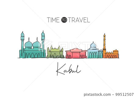 One single line drawing of Kabul city skyline, Afghanistan. World historical town landscape. Best holiday destination postcard print art. Trendy continuous line draw design vector graphic illustration One single line drawing of Kabul city skyline, Afghanistan. World historical town landscape. Best holiday destination postcard print art. Trendy continuous line draw design vector graphic illustration 99512507
