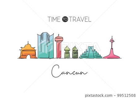 Single continuous line drawing of Cancun skyline, Mexico. Famous city scraper landscape. World travel destination home wall decor poster print concept. Modern one line draw design vector illustration Single continuous line drawing of Cancun skyline, Mexico. Famous city scraper landscape. World travel destination home wall decor poster print concept. Modern one line draw design vector illustration 99512508