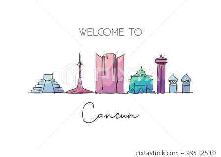 One continuous line drawing Cancun city skyline, Mexico. Beautiful landmark postcard. World landscape tourism and travel vacation. Editable stylish stroke single line draw design vector illustration 99512510