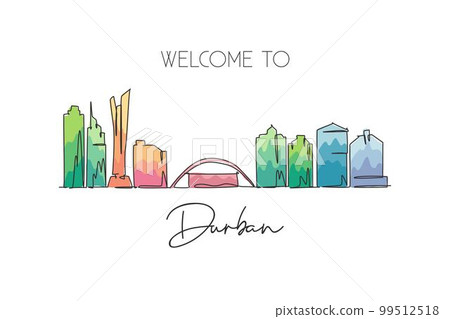 One single line drawing of Durban city skyline, South Africa. World historical town landscape wall decor poster print. Best holiday destination. Trendy continuous line draw design vector illustration One single line drawing of Durban city skyline, South Africa. World historical town landscape wall decor poster print. Best holiday destination. Trendy continuous line draw design vector illustration 99512518