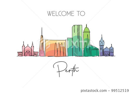 One single line drawing of Perth city skyline, Australia. Historical town landscape. Best holiday destination home decor wall art poster print. Trendy continuous line draw design vector illustration 99512519
