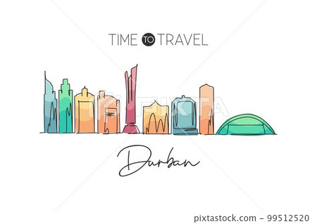 One continuous line drawing of Durban city skyline, South Africa. Beautiful landmark postcard print. World landscape tourism travel vacation. Stylish stroke single line draw design vector illustration 99512520
