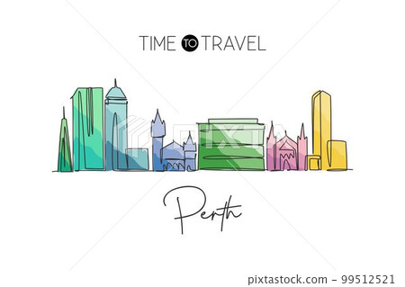 One continuous line drawing of Perth city skyline, Australia. Beautiful landmark. World landscape tourism travel vacation poster. Editable stylish stroke single line draw design vector illustration 99512521