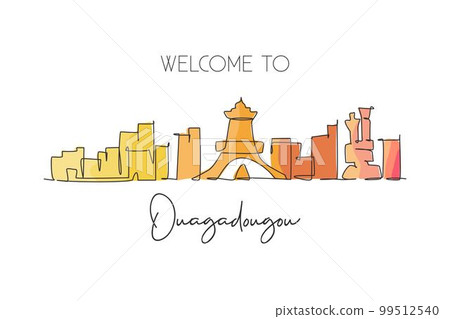 Single continuous line drawing of Ouagadougou city skyline, Burkina Faso. Famous city scraper and landscape wall decor poster print art. World travel concept. One line draw design vector illustration 99512540