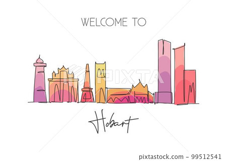 Single continuous line drawing of Hobart city skyline, Australia. Famous city scraper landscape. World travel concept home decor wall art poster print. Modern one line draw design vector illustration 99512541