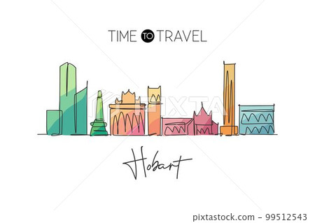 One single line drawing of Hobart city skyline, Australia. Historical town landscape in world. Best holiday destination poster. Editable stroke trendy continuous line draw design vector illustration One single line drawing of Hobart city skyline, Australia. Historical town landscape in world. Best holiday destination poster. Editable stroke trendy continuous line draw design vector illustration 99512543