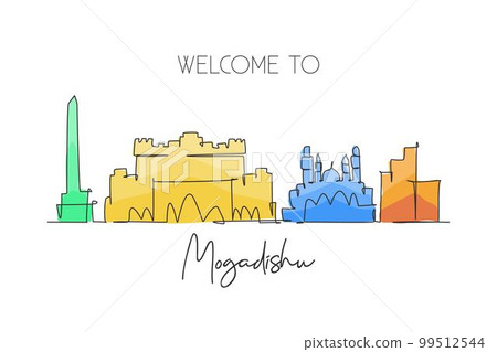 One single line drawing city Mogadishu skyline, Somalia. Historical place landscape in world. Best holiday destination postcard. Editable stroke trendy continuous line draw design vector illustration 99512544