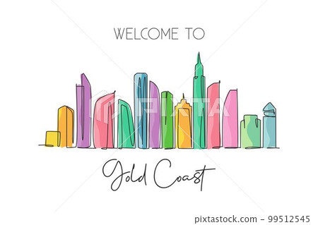 Single continuous line drawing of Gold Coast city skyline, Australia. Famous city landscape. World travel concept wall home decor art poster print. Modern one line draw design vector illustration Single continuous line drawing of Gold Coast city skyline, Australia. Famous city landscape. World travel concept wall home decor art poster print. Modern one line draw design vector illustration 99512545