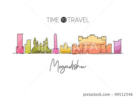 Single continuous line drawing of Mogadishu city skyline, Somalia. Famous city scraper and landscape wall decor poster print art. World travel concept. Modern one line draw design vector illustration 99512546