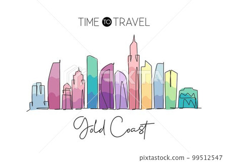 One single line drawing Gold Coast city skyline, Australia. Historical town landscape in world. Best holiday destination poster. Editable stroke trendy continuous line draw design vector illustration One single line drawing Gold Coast city skyline, Australia. Historical town landscape in world. Best holiday destination poster. Editable stroke trendy continuous line draw design vector illustration 99512547