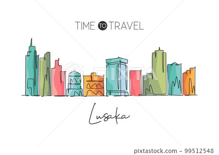 One continuous line drawing of Lusaka skyline, Zambia. Beautiful city landmark. World landscape tourism and travel postcard print. Editable stylish stroke single line draw design vector illustration 99512548