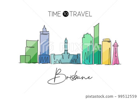 One continuous line drawing of Brisbane city skyline, Australia. Beautiful landmark. World landscape tourism travel vacation poster. Editable stylish stroke single line draw design vector illustration 99512559